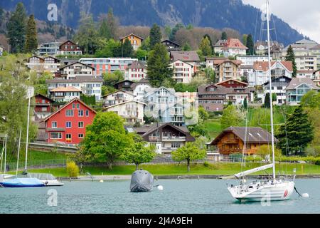 Spiez, Schweiz - 17. April 2017: Wohnhäuser einer malerischen Stadt am Ufer des Thunersees im Schweizer Kanton Bern. Ein paar Boote auf Stockfoto