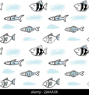 Vektor Fische doodles nahtlose Muster.. Niedliches Cliparts. Handgezeichnete Abbildung. Perfekt für Textildruck, Babydusche, Kinderzimmerdekor, Geburtstag Stock Vektor