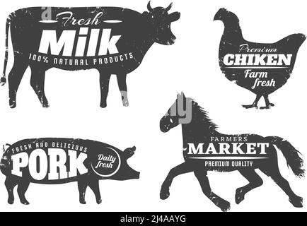 Monochrome isolierte dunkle Silhouetten von Nutztieren mit editierbaren Textzitaten Milch Huhn Schweinefleisch auf leeren Hintergrund Vektor-Illustration Stock Vektor