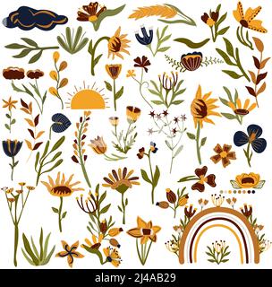 Große botanische Set von Wildblumen, Gartenpflanzen, Ästen, Kräutern, dekorativen Blättern und Regenbogen. Helle wilde Wiesenblumen im Boho-Stil. Botanik Kollektion. Vektorgrafik Stock Vektor