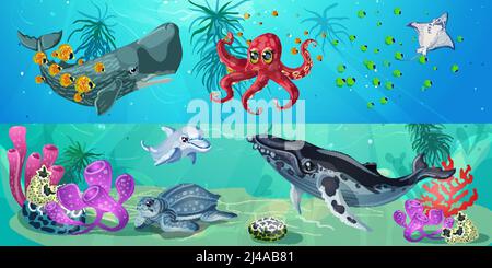 Cartoon Unterwasserleben horizontale Banner mit Walen Krake Fische Schildkröte stingray Algen und Korallen Vektor-Illustration Stock Vektor