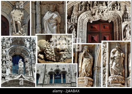 Einige architektonische Details des Klosters Jerónimos sind eines der wichtigsten Beispiele für den portugiesischen manuelinischen Architekturstil in Lissabon. Stockfoto