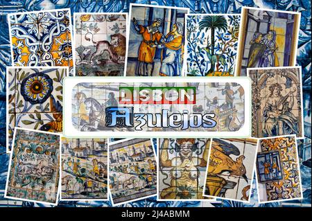 Eine Sammlung der schönen Azulejos, die die Häuser, Straßen und Gebäude der Stadt Lissabon, Portugal schmücken. Stockfoto