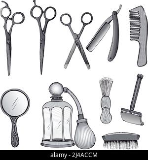 Vintage Friseur-Werkzeuge Set mit Schere Rasiermesser Kamm Spiegel Spritzenbürsten im Skizzenstil isolierte Vektordarstellung Stock Vektor
