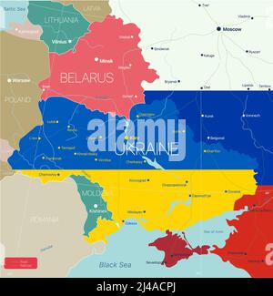 Weißrussland und die Ukraine und ein Teil der Russland-Länder detaillierte editierbare Karte mit Regionen Städte und Städte, geografische Standorte. Stock Vektor