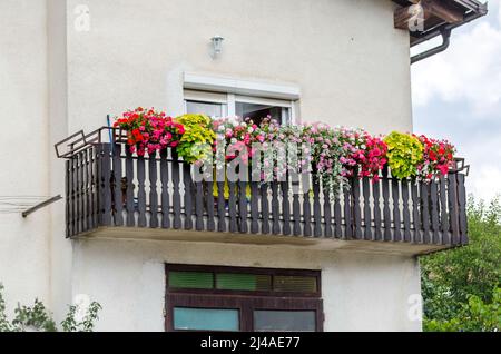 Schöner Holzbalkon mit farbenprächtigen Blumen in einem alten traditionellen Haus in Slowenien. Stockfoto