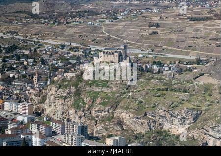 Luftaufnahme von Château de Valère in Sion Stockfoto