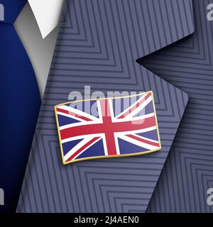 Britische offizielle Person in einem blauen offiziellen Anzug, weißem Hemd, blauer Krawatte und goldener Reversnadel der britischen Flagge, Vektorgrafik gekleidet. Stock Vektor