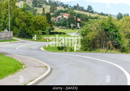 Alte Nationalstraße in slowenischer Landschaft. Durch eine natürliche Umgebung mit grünem Gras, Bäumen und traditionellen Hütten Stockfoto