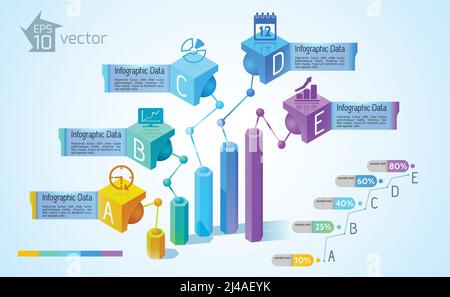 Business-Diagramme und Grafiken Infografiken mit bunten 3D Spalten fünf Textbanner Symbole auf Quadrate Vektordarstellung Stock Vektor