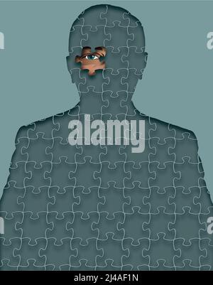 Ein Mensch ist in einem Puzzle mit einem Mann das Auge in die offene links von einem fehlenden Stück in einer 3-d-Illustration über das Finden einer Pause durch gemacht Stockfoto