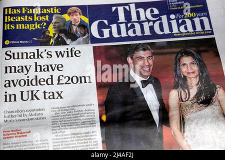 Rishi 'Sunaks Frau könnte 20m £an britischer Steuer vermieden haben' Akshata Murthy auf der Titelseite der Zeitung Guardian London England Großbritannien 8. April 2022 Stockfoto