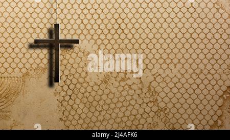 Christliches Holzkreuz auf einem Hintergrund von Wänden Stockfoto