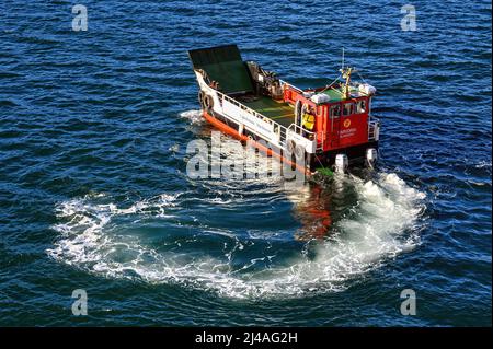 Carvoria ist die kleinste Fähre der kaledonischen MacBrayne-Flotte. Sie verkehrt zwischen der Isle of Kerrera und Gallanach auf dem schottischen Festland. Stockfoto