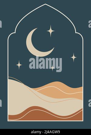 Moderne Ramadan Mubarak Grußkarte mit Retro-Boho-Design, Mond und Wüste Stock Vektor