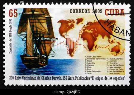 KUBA - UM 2009: Eine auf Kuba gedruckte Marke zeigt Schiff und Karte, Expedition des Schiffs HMS Beagle, um 2009 Stockfoto