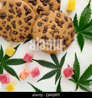 Amerikanische Cookies mit Cannabisextrakt. Süßigkeiten mit CBD-Öl. Marihuana Blätter auf weißem Hintergrund. Draufsicht, flach liegend. Stockfoto