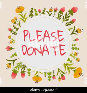 Schreiben Text anzeigen Bitte Spenden. Wort geschrieben auf Versorgung liefern Hand beitragen Zuschuss Hilfe für Charity Blank Rahmen mit abstrakten verziert Stockfoto