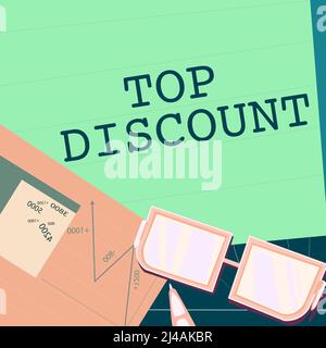 Konzeptionelle Anzeige Top Discount. Business-Ansatz Best Price Guaranteed Hot Items Crazy Sale Promotions Papier sitzen auf dem Schreibtisch, bestehend Charts Stockfoto