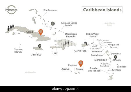 Karibische Inseln Karte, einzelne Insel mit Namen, Infografiken und Ikonen Vektor Stock Vektor