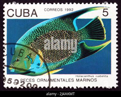 KUBA - UM 1992: Eine auf Kuba gedruckte Briefmarke zeigt Blauer Angelfisch, Holacanthus Isabelita, Meeresfisch, um 1992 Stockfoto