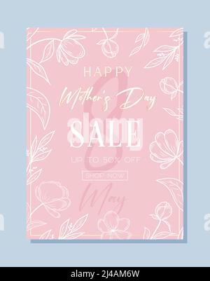 Happy Mothers Day Banner mit goldener Kalligraphie. Elegantes Zitat für Poster oder Grußkarte, mit Mother's Day Schriftzug und weißer Blume auf Pink Stock Vektor