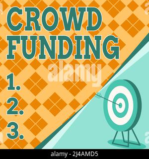 Hand schreiben Zeichen Crowd Funding. Wort für Fundraising Kickstarter Startup Pledge Platform Spendenziel mit Bullseye erfolgreich vertreten Stockfoto