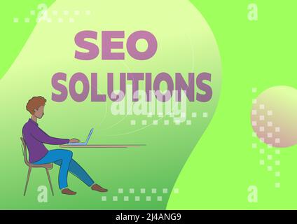 Konzeptionelle Darstellung Seo Solutions. Wort geschrieben auf Suchmaschinen-Ergebnisseite erhöhen Besucher durch Rankings Person sitzen Schreibtisch mit Computer arbeiten Stockfoto