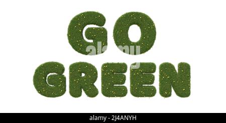 Text 'go Green' aus realistischem Gras mit Elendelionen. Isoliert auf weißem Hintergrund. 3D Bild Stockfoto