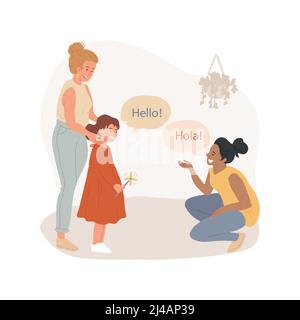Sagen Sie Hallo in fremdsprachiger isolierter Cartoon-Vektor-Illustration. Kinder sagen Hallo, zweisprachige Kindertagesstätte, Immersionssprache Programm für Kinder, lernen Fremdsprache Vektor Cartoon. Stock Vektor