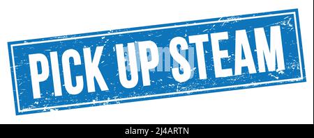 HOLEN SIE SICH DAMPF Text auf blau grungy Rechteck Stempel Zeichen. Stockfoto