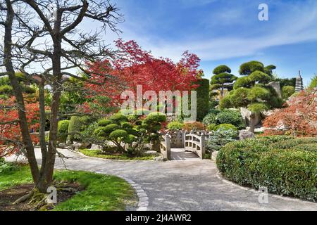 Freiburg, Deutschland - April 2022: Japanischer Garten im öffentlichen Park „Seepark“ Stockfoto