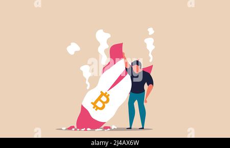 Bitcoin-down und Krypto-Währungspreiswechsel. Raketenabsturz mit Volatilität, Vektor-Illustration für Investitionen. Handel Zusammenbruch und Lager m Stock Vektor