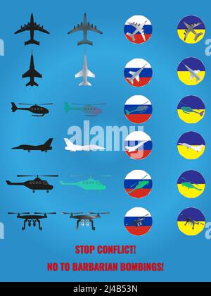 Eine Reihe von Ikonen von Militärflugzeugen, Hubschraubern und Drohnen, gemalt in den Farben der Flaggen Russlands und der Ukraine. Die Inschrift STOP CONFLICT! Stock Vektor