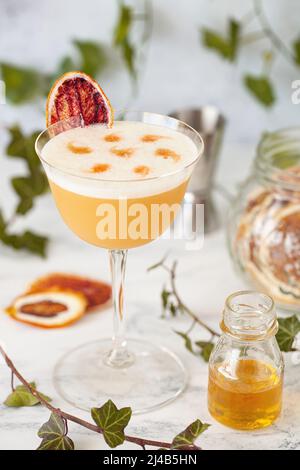 Ein Rum-Sour-Cocktail garniert mit Eiweiß-Schaum, Bittertröpfchen und einer getrockneten Orangenscheibe. Stockfoto