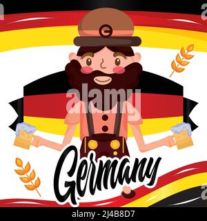 Isolierter Mann mit traditioneller Kleidung hält Biere Deutschland Concept Vector Stock Vektor