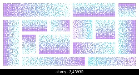 Pixelzerfall, Zerfallseffekt. Verschiedene rechteckige Elemente aus bunten runden Formen. Verstreutes Punktmuster. Mosaik-Textur mit einfachen Stock Vektor