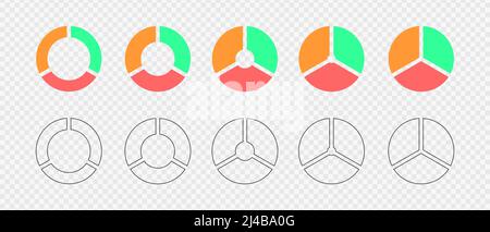 Donut-Diagramme, die in 3 mehrfarbige und umrissierte Segmente unterteilt sind. Infografik-Radsatz. Kreisdiagramme, die auf drei gleiche Teile segmentiert sind. Vektor flach und grafische Illustration. Stock Vektor