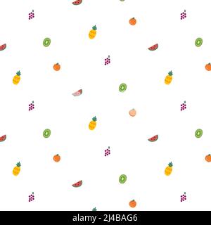 Vektor-Muster mit Orange, Ananas, Kiwi, Wassermelone, Trauben. Handgezeichnete Illustration von Sommerfrüchten. Abstrakte Doodle Tapete. Stock Vektor