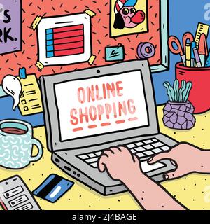 Handgezeichnete Vektordarstellung von Personen, die ihre Hände beim Online-Shopping am Arbeitsplatz mit einem Notebook verwenden. Stock Vektor