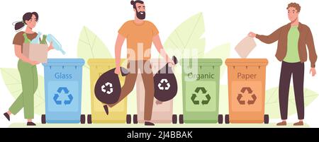 Männer und eine Frau sortieren Abfall. Vektorgrafik für die Müllsortierung in flachem Stil. Verschwenden Sie einen freien Lebensstil, der dem Planeten nicht schadet, Null Abfall. Ökologisches Konzept zum Schutz der Natur vor Plastik usw. Stock Vektor