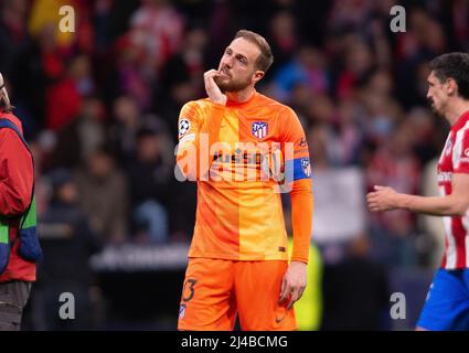 Stadion Wanda Metropolitano, Madrid, Spanien. 13. April 2022. EUFA Champions League Fußball, Atletico Madrid gegen Manchester City; Jan Oblak (Atletico) verärgert über das Endergebnis Kredit: Action Plus Sports/Alamy Live News Stockfoto