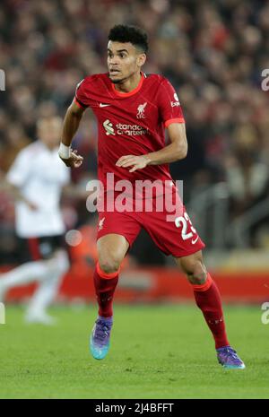 Anfield, Liverpool, Großbritannien. 13. April 2022. Champions League Football, Liverpool gegen FC Benfica, Viertelfinale 2.: Luis Diaz von Liverpool Credit: Action Plus Sports/Alamy Live News Stockfoto