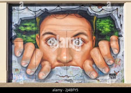 Schöne Graffiti an einer Wand des Straßenkünstlers Braga in Calais (Pas-de-Calais), Frankreich Stockfoto