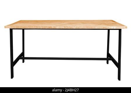 Holztisch Stahl Beine simplistisch auf weißem Hintergrund, Arbeit mit Pfad. Stockfoto