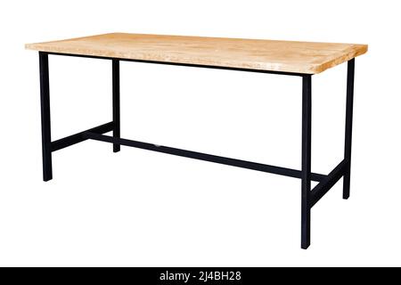 Holztisch Stahl Beine simplistisch auf weißem Hintergrund, Arbeit mit Pfad. Stockfoto