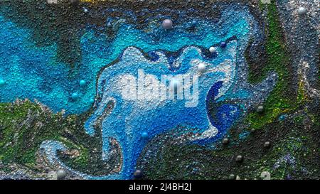 Abstrakt Acryl Fluid Art. Schöner Hintergrund von kleinen bunten Partikeln. Turbulente Farbflüsse. 3D Rendering des Bildes. Stockfoto