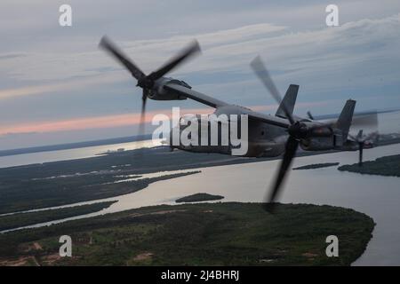 Ein US Marine Corps MV-22 Osprey aus Marine Medium Tiltrotor Squadron (VMM) 268 verstärkt, Air Combat Element (ACE), Marine Rotational Force Darwin (MRF-D) 22, nimmt an einem Formationsflug über Darwin, NT, Australien, während einer administrativen Bewegung am 12. April 2022 Teil. VMM 268 flog die Ospreys vom Hafen von Darwin zum Royal Australian Air Force Base Darwin und stärkte die Unterstützung der MRF-D 22 durch die vollständige Ausrüstung und Inszenierung eines fähigen ACE. (USA Marine Corps Foto von CPL. Cameron Hermanet) Stockfoto