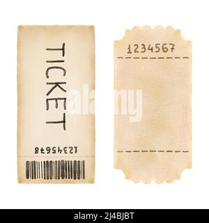 Zwei handgezeichnete Tickets mit Aquarell auf weißem Hintergrund isoliert Stockfoto