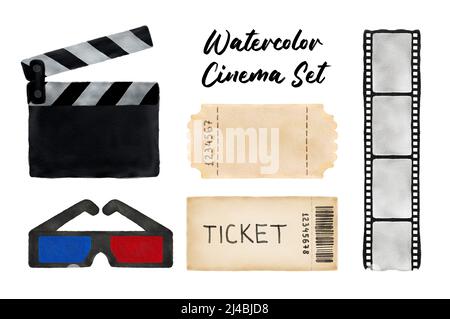 Set aus Aquarell-Kinoelementen. Filmklapper, Ticket, Glas, Filmband auf Weiß isoliert Stockfoto